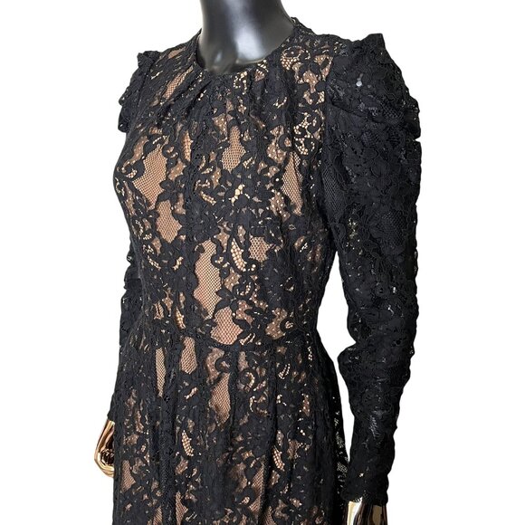 Michael Kors Lace Dress Black Puff Sleeve Nude Lining Floral Overlay Party SZ 4 - Picture 8 of 14